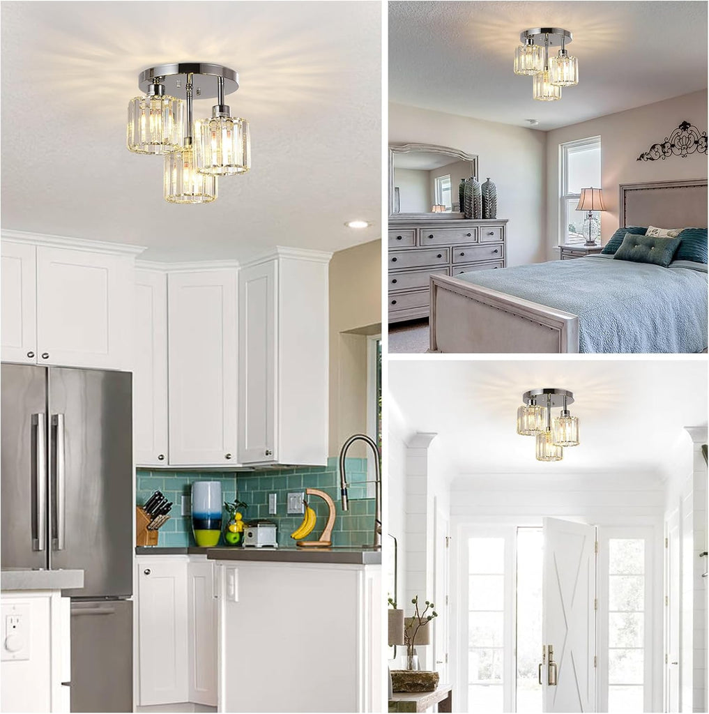Semi Flush Mount Ceiling Light,3-Light Modern Close to Ceiling Light Fixtures,Kitchen Light with Clear Crystal