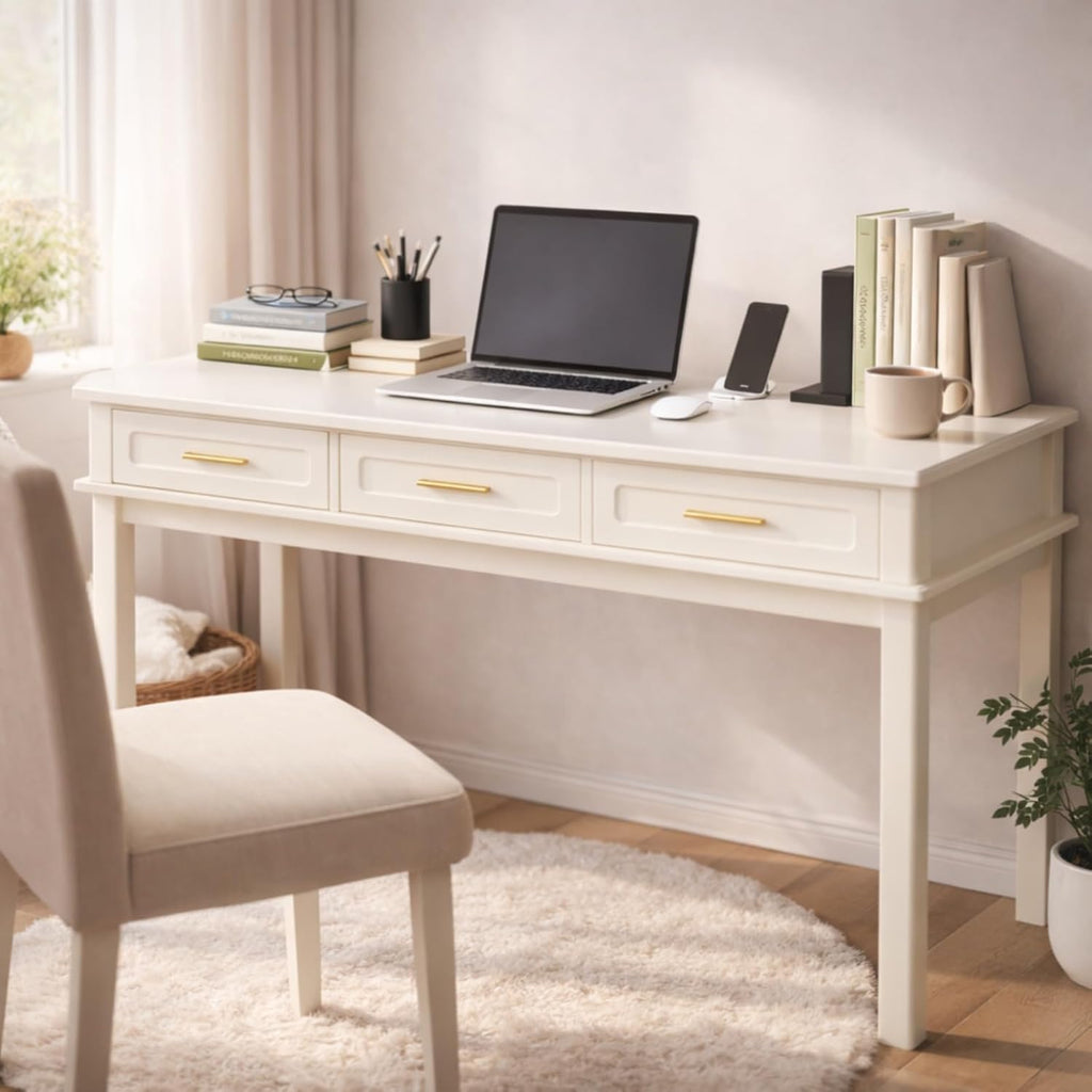 Modern Vanity Desk Makeup Dressing Table w/3 Drawers &Spacious Tabletop for Girls, Solid Wood Writing Desk