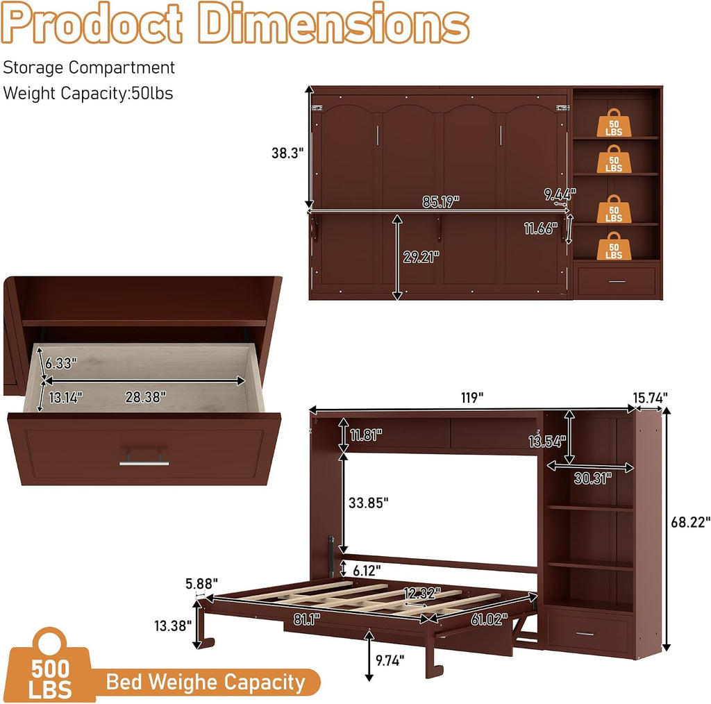 Queen Horizontal Murphy Bed with Desk, Foldable Wall Bed Frame with Storage Drawers, Shelves & Movable Cabinets