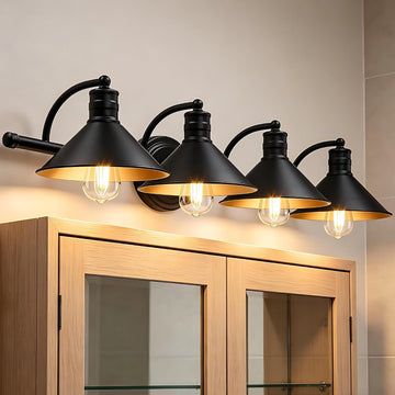 4 Light Bathroom Vanity Light Over Mirror - Black and Gold Farmhouse Wall Light Vanity Powder Room, Rustic Goose Neck