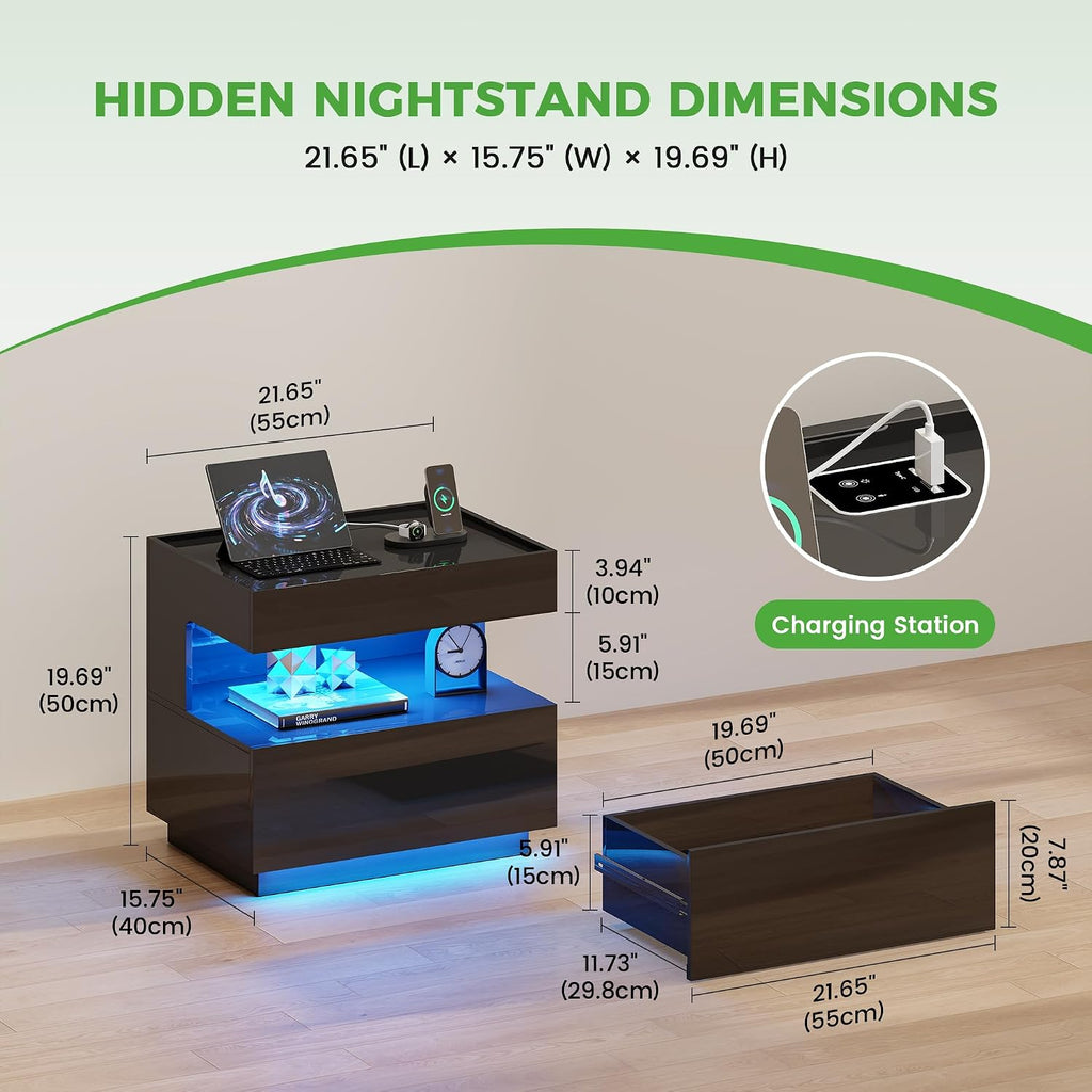 Nightstand with Gun Drawers , Smart LED Night Stand with Hidden Compartment, High Gloss Bedside Table with 3 Color