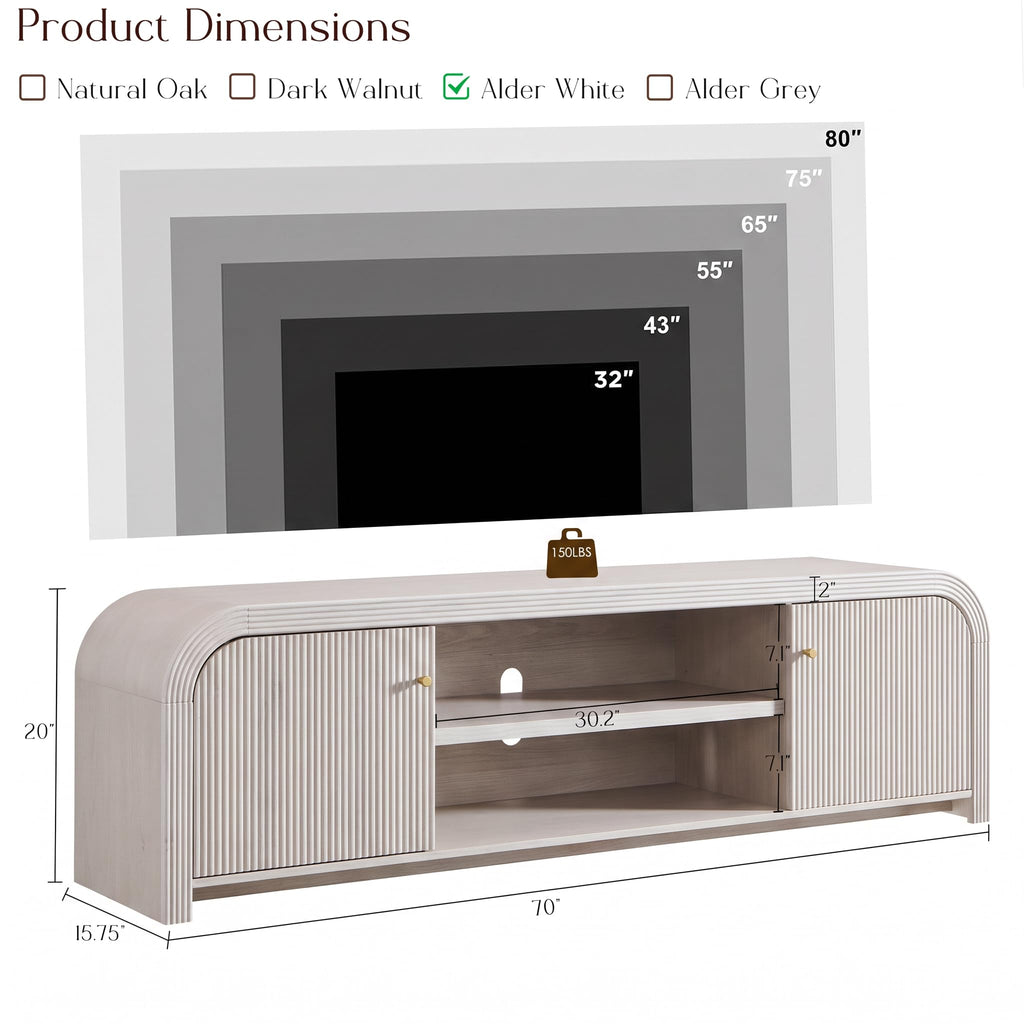 70" Modern TV Stand with Large Storage, White Alder