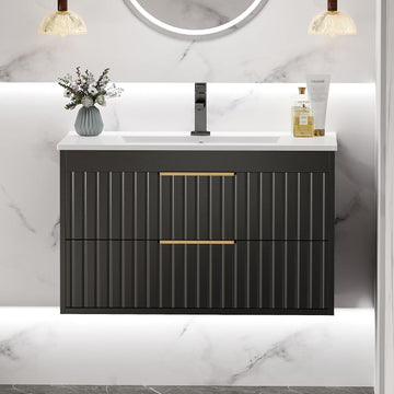 30" Floating Bathroom Vanity with Sink - Wall Mounted Vanity Cabinet with 2 Drawers & Gold Handles, Black