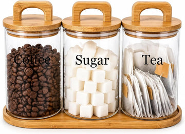 Glass Coffee Sugar Tea Canister Set with Airtight Wood Lids and Tray, 3 Pack Clear Food Storage Jars, 34 oz / 1000 ml - Set of 3