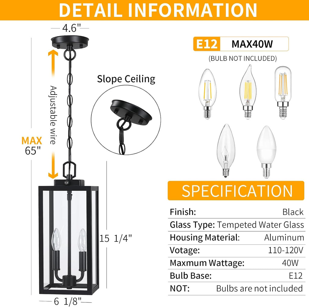 Large Outdoor Pendant Light 2-Light, 15'' Dusk to Dawn Modern Black Metal Outside Chandelier Exterior Hanging Fixture