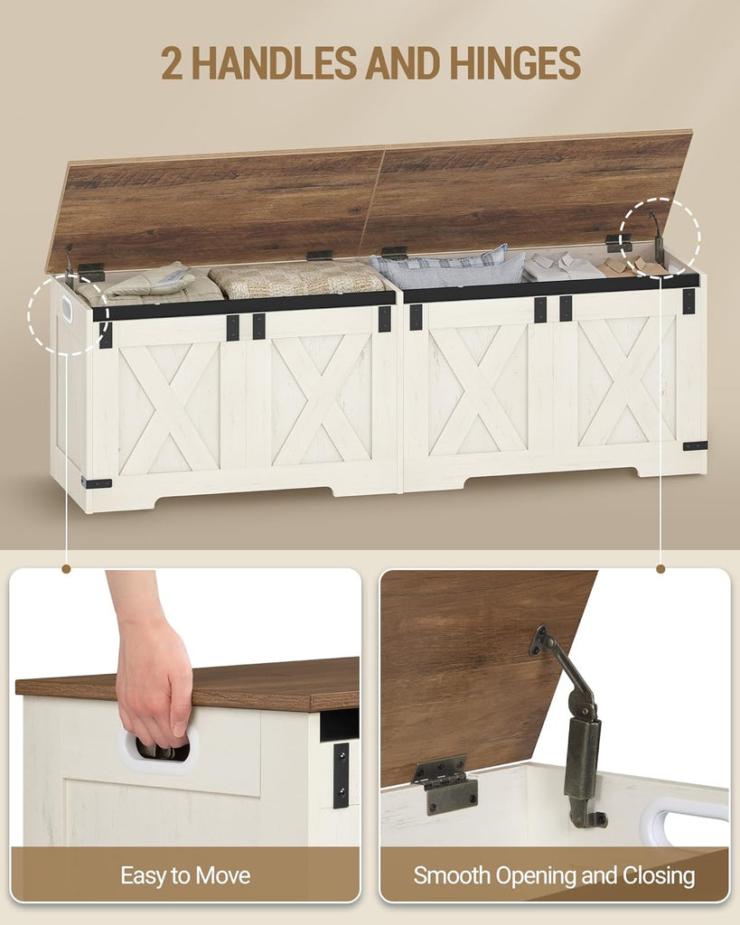 59" Storage Bench, Lift Top, 268L/70 Gal Large Chest | | Retro White, Farmhouse, FSC Wood, 330lb, Double Hinges