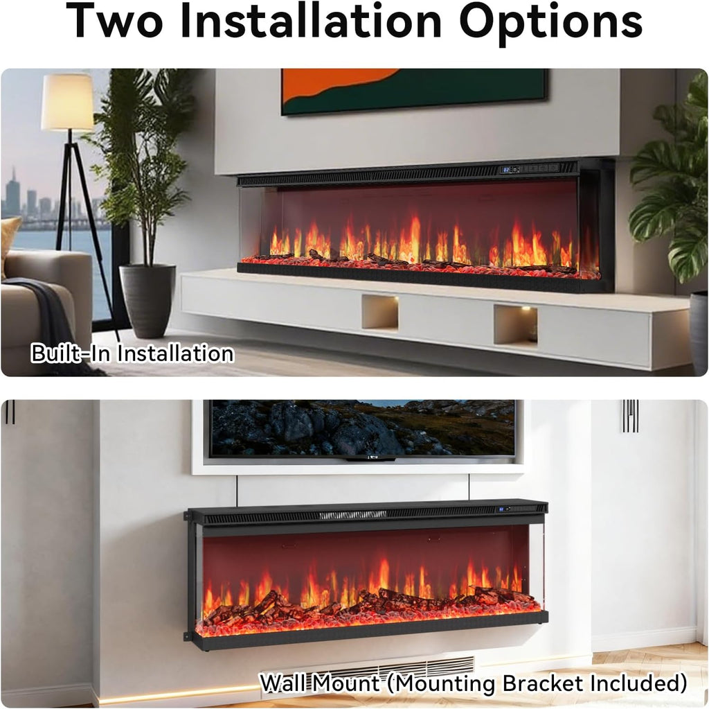 50-inch 3-Sided Wall Mount Electric Fireplace, Recessed & Built-in Design with Wi-Fi/Remote, 1500W Heater