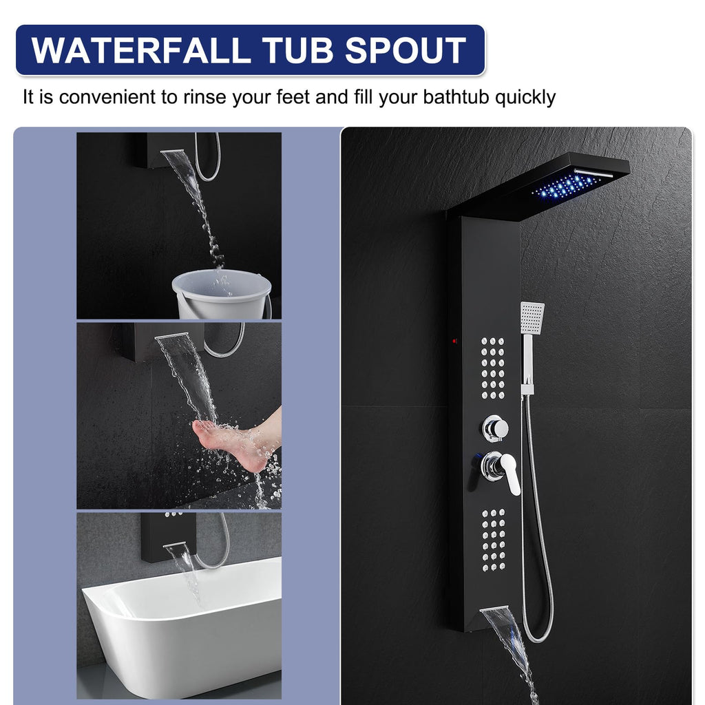 5 in 1 LED Rainfall Waterfall Shower Panel Tower System, Black
