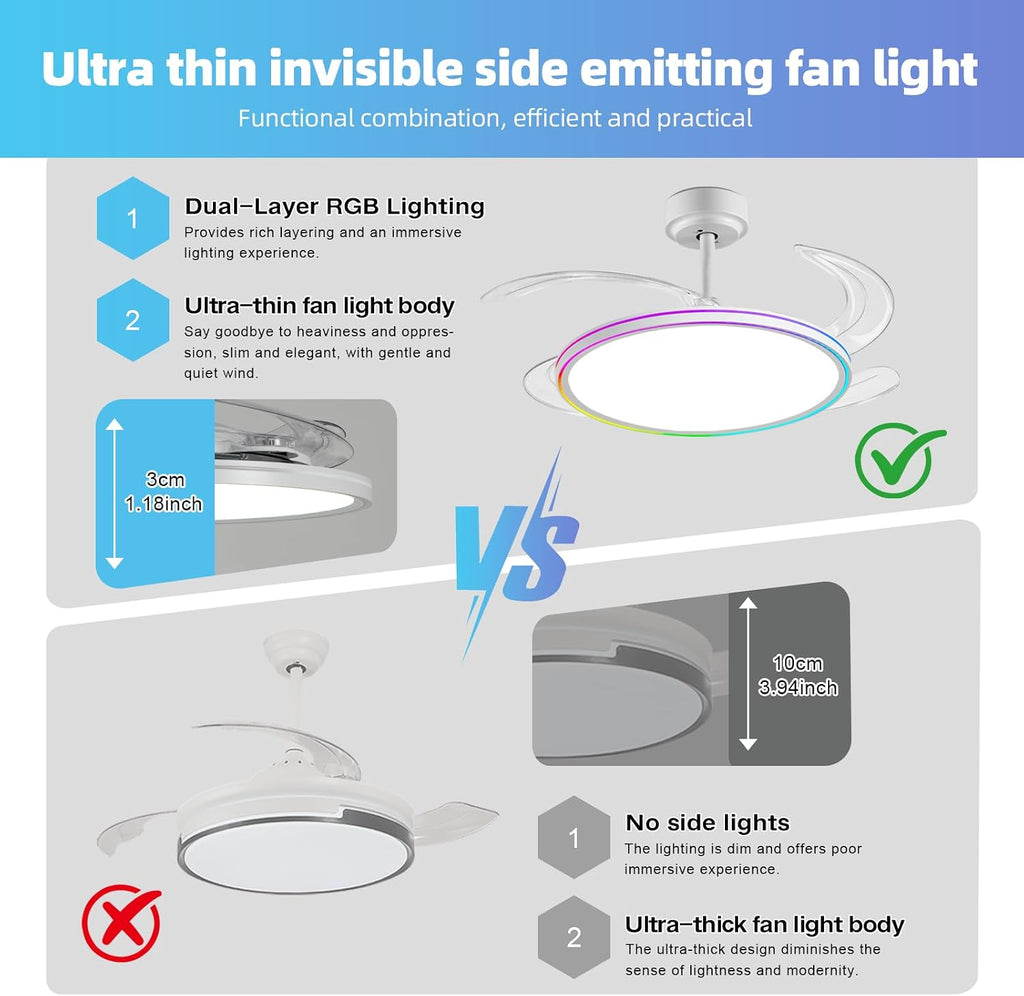 RGB Retractable Ceiling Fan with Light, APP/Remote Control