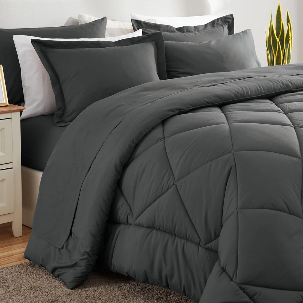 Comforter Set Dark Grey - Bed in a Bag 7 Pieces, Luxury Soft Bed Set for All Seasons