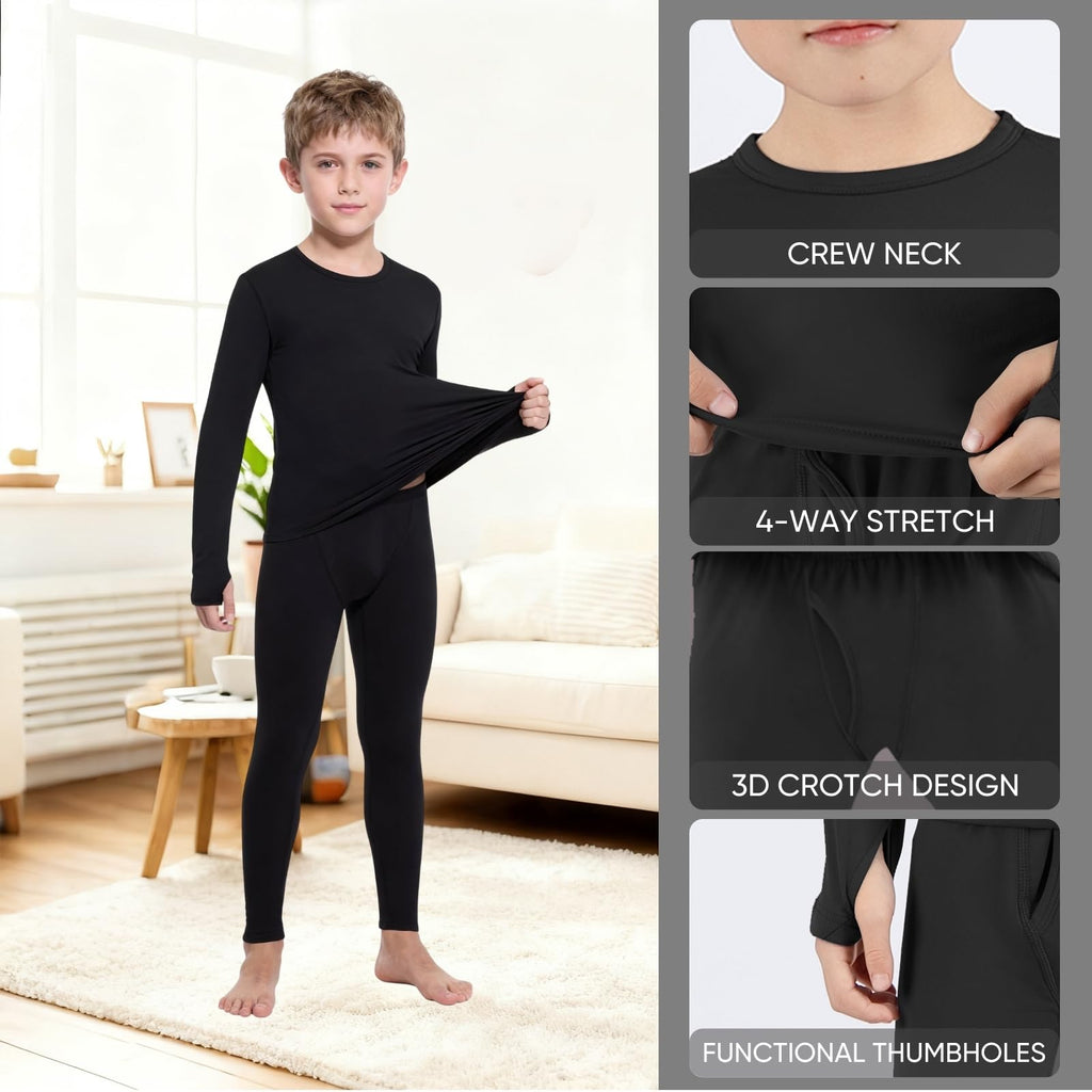 Thermal Underwear for Kids,Boys Fleece Lined Base Layer Long Johns Thermals Top and Bottom Set for Winter Skiing Black