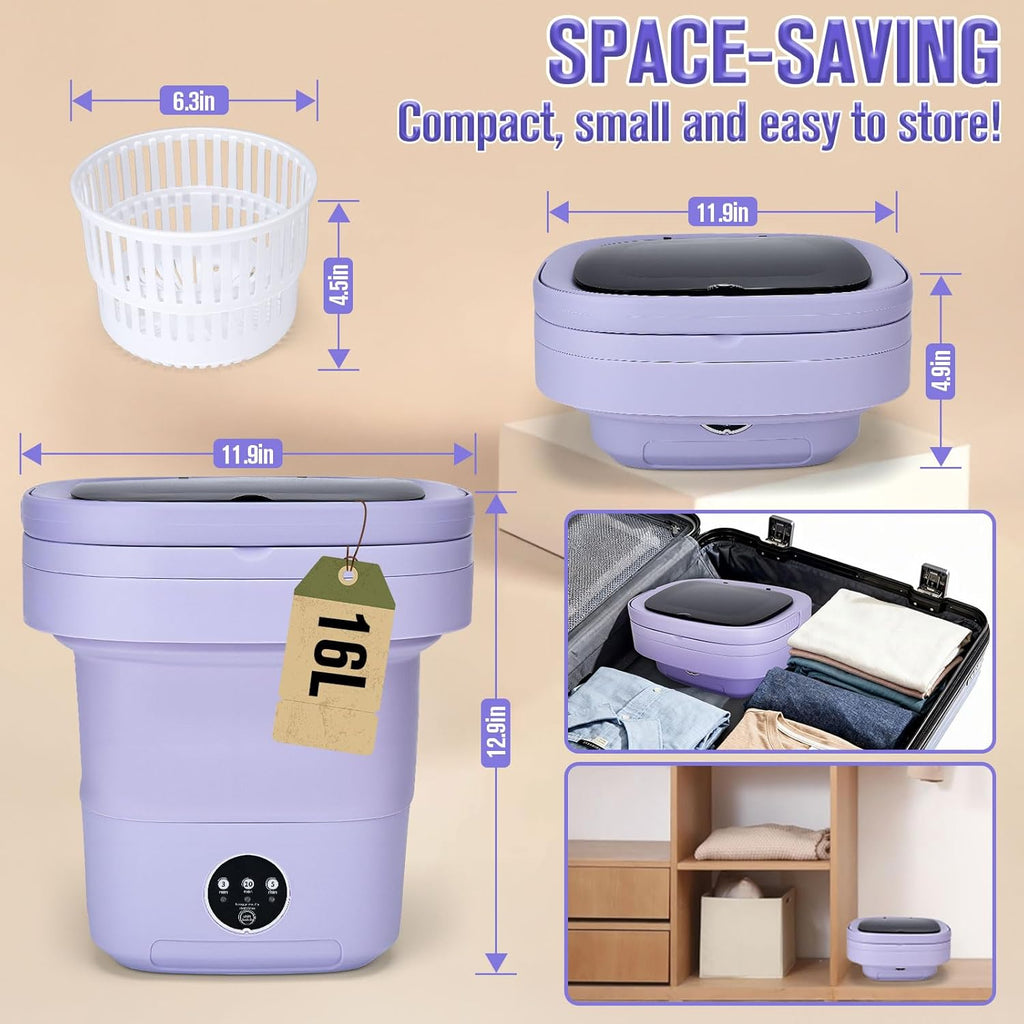 Mini Washing Machine 16L Foldable Small Washer for Underwear, Socks, Baby Clothes - 3 Cleaning Modes with Spin Dryer