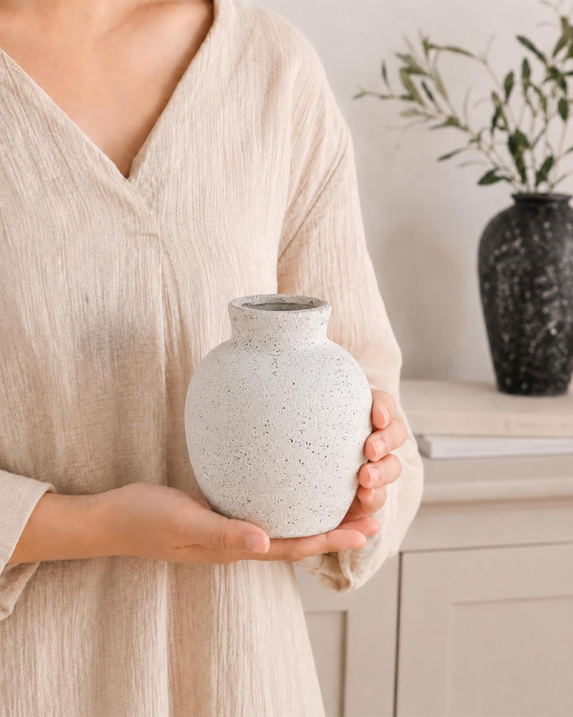 6.1 Inch White Ink Dot Vase, Rustic Ceramic Vase