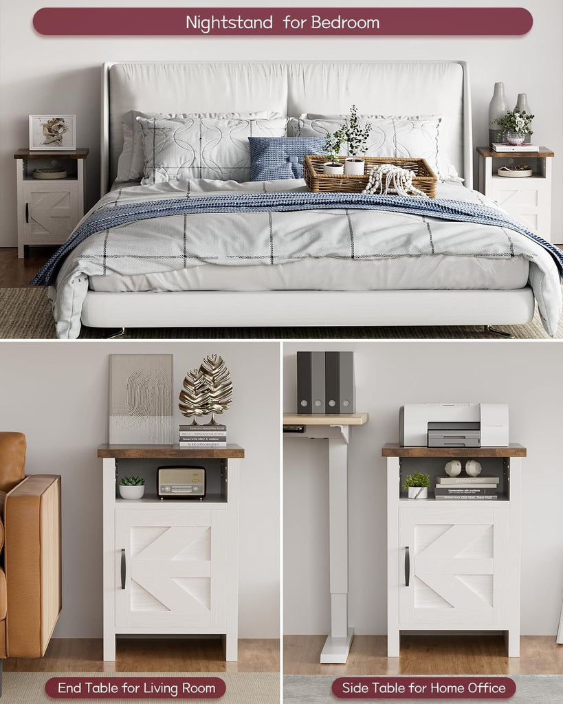 Farmhouse Modern Nightstand with Shelf and Barn Door, Set of 2 , White