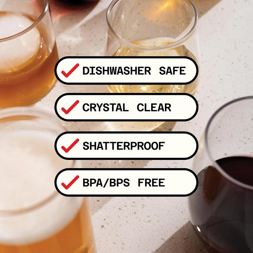 Unbreakable Plastic Wine Glasses - Stemless Shatterproof Tritan Glassware, Fancy Cups That Look Like Glass, 16oz, Set