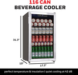 Beverage Refrigerator and Cooler, 116 Can Mini Fridge with Glass Door for Soda B