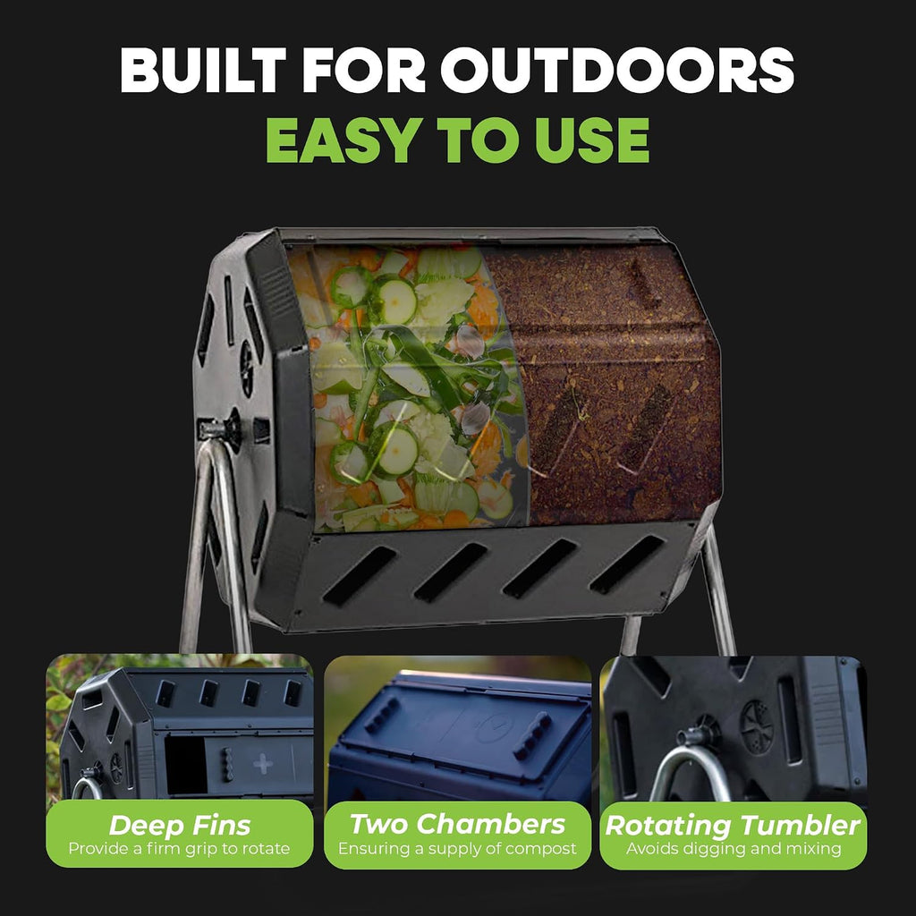 Heavy Duty 37 Gallon 8 Sided Steel Composter, Black | Portable Plastic Dual Chamber Tumbling Composter Outdoor
