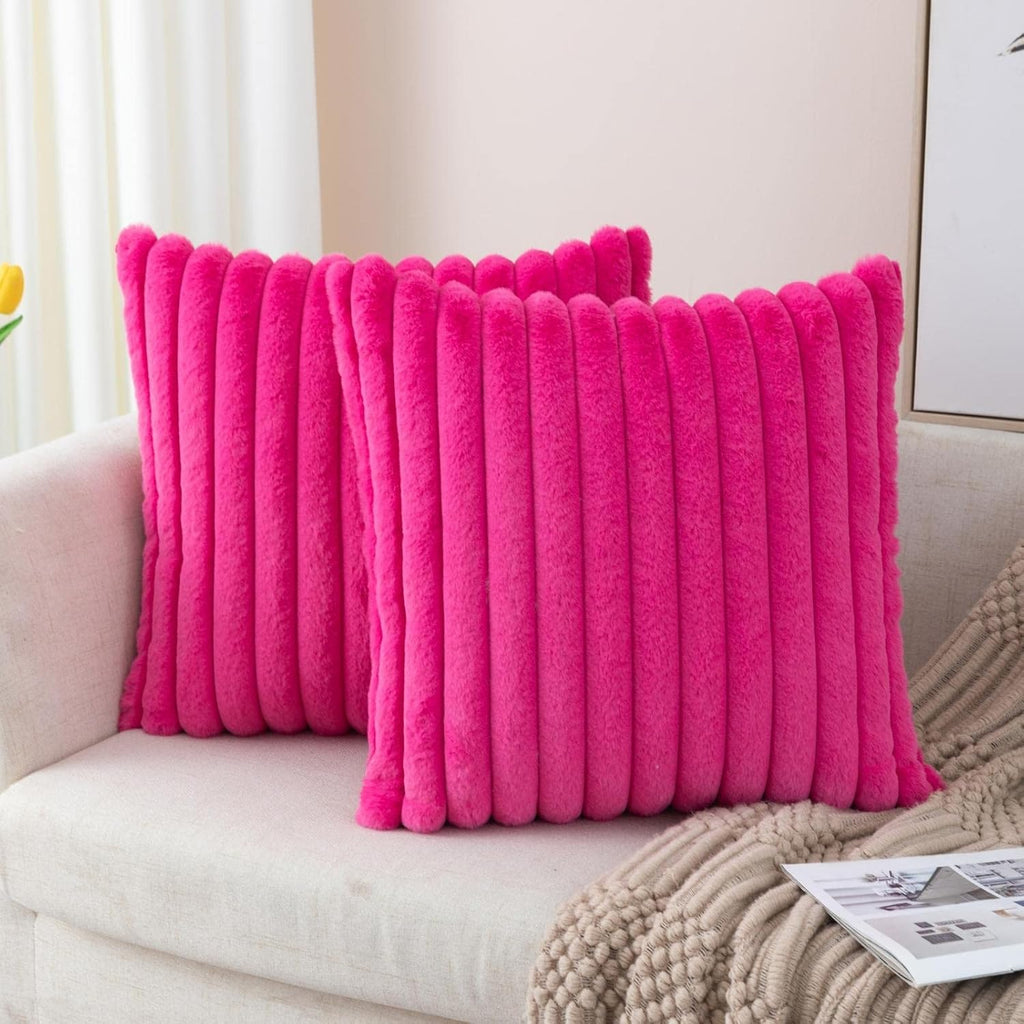 Set of 2 Hot Pink Faux Fur Decorative Throw Pillow Covers Fluffy Striped Pillowcase Cushion Covers 18 x 18 Inch Decor