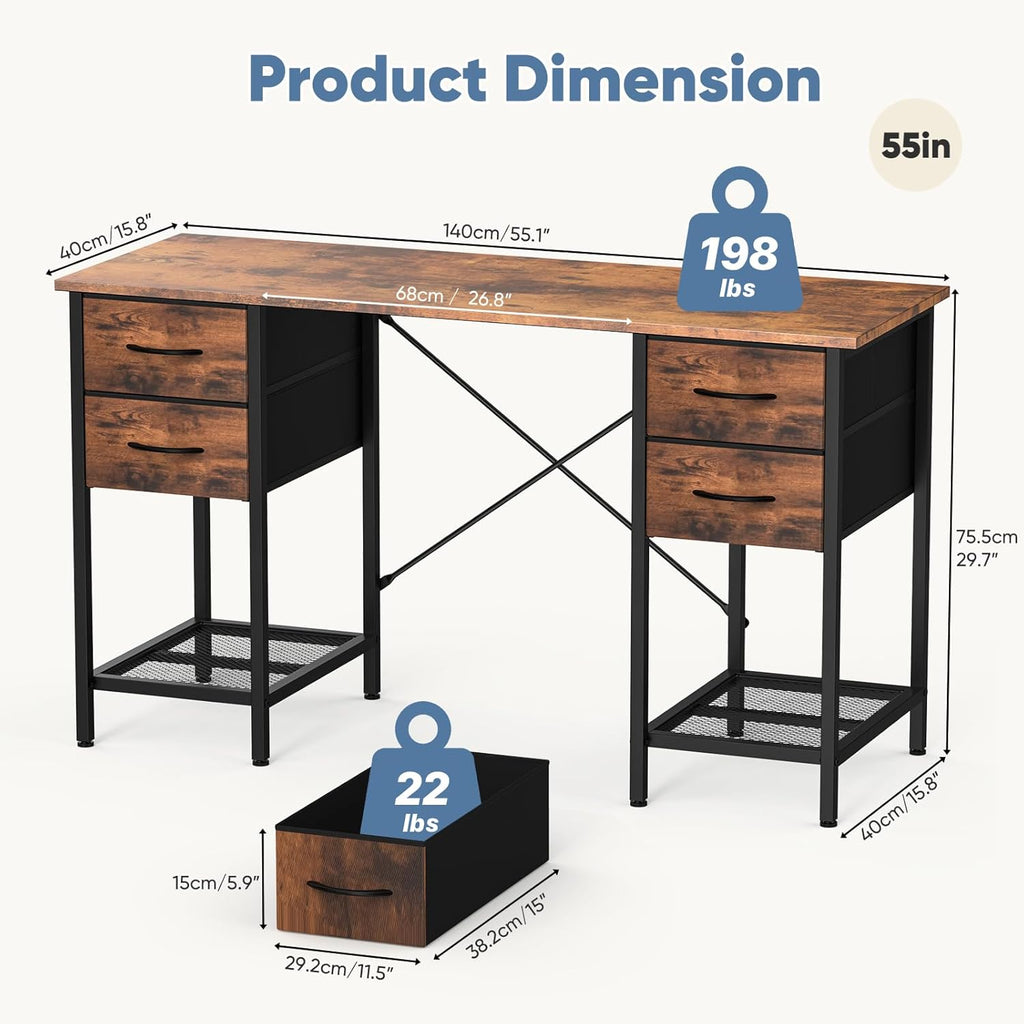 Computer Desk 55 Inch with 4 Drawers Home Office Table with Mesh Shelf for Work Study Writing Gaming Storage Furniture