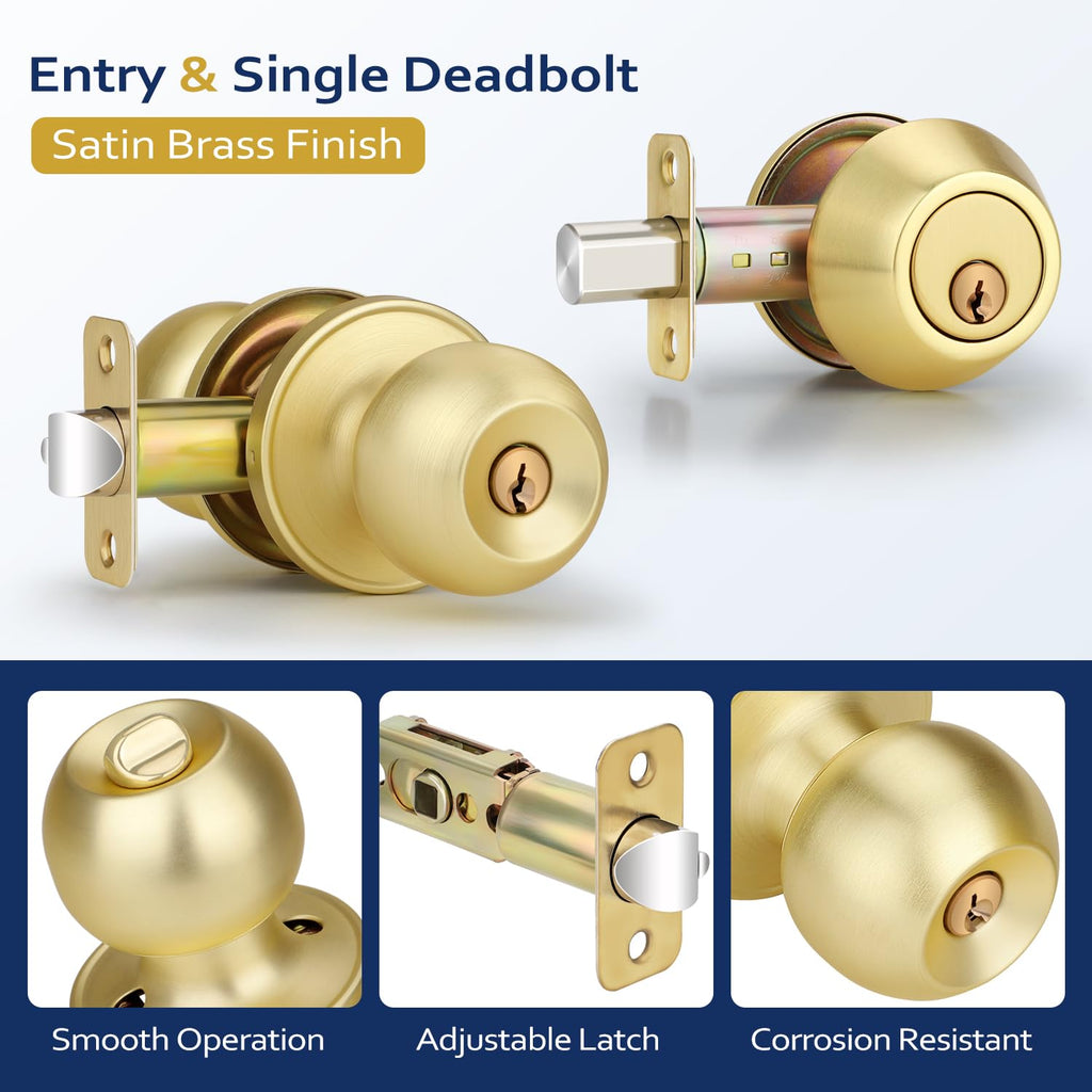 3 Pack Satin Brass Entry Door Locksets with Deadbolt