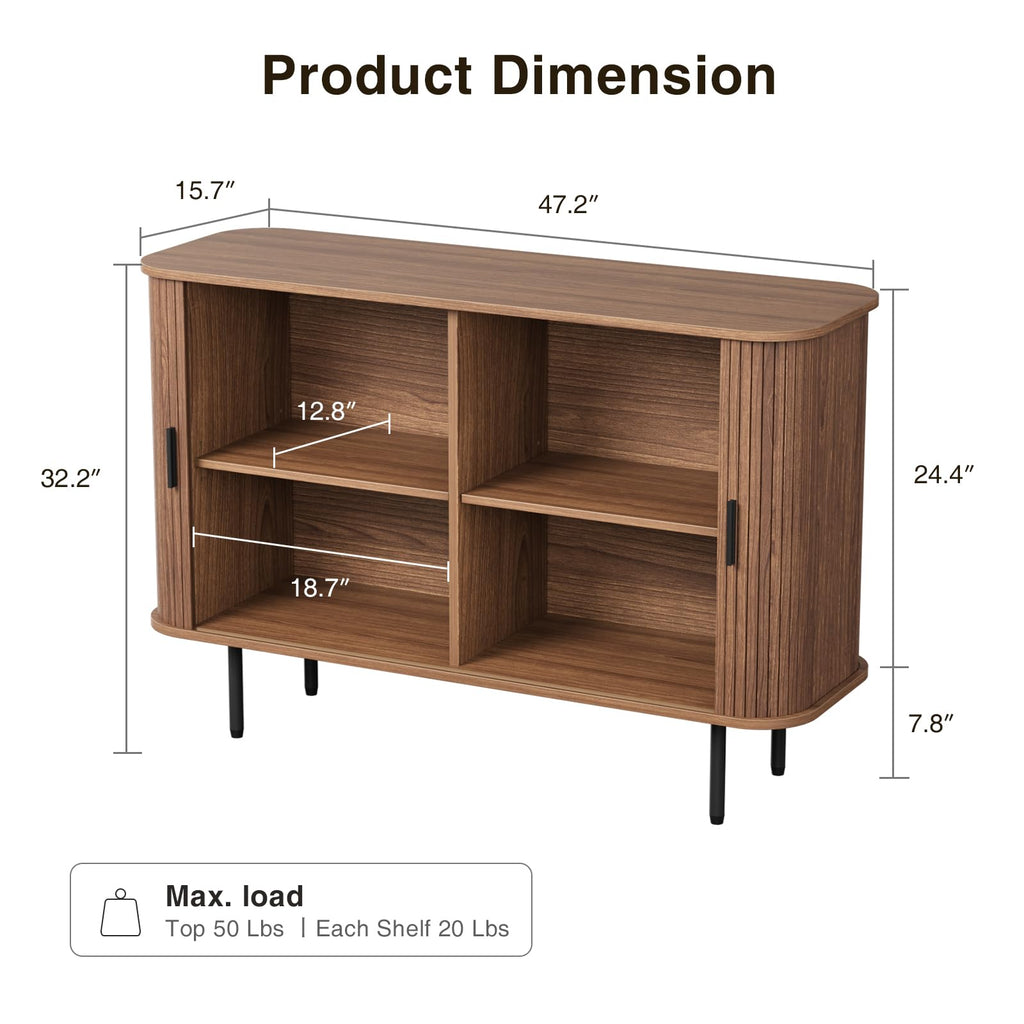 Fluted Sideboard Buffet Cabinet, Sliding Door/Adjustable Shelf, Walnut