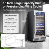 15” Wine Cooler, 30 Bottle Dual Zone Wine Fridge With Double-Layer Glass Door, F