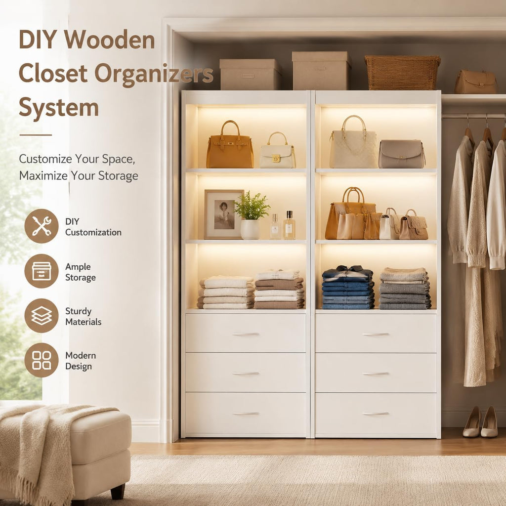 24"W Closet Organizer System with 3 Drawers & Shelves, White | DIY Modular Closet Organizer, Freestanding Wood Closet