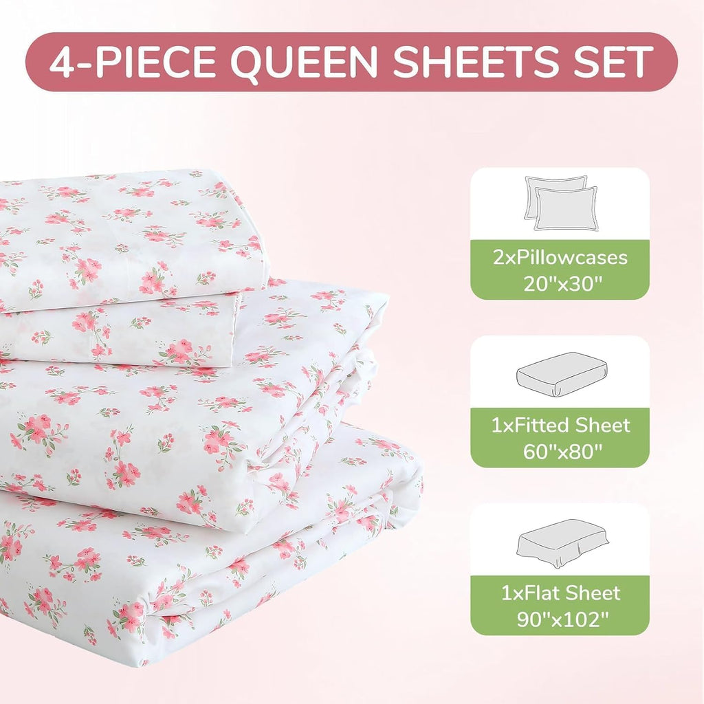 4 Piece Sheet Set, Soft Breathable Bed Sheet Set for Bedroom with Deep Pocket Up to 16", Wrinkle-Free & Cooling