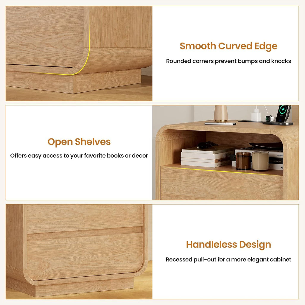 25" Tall Modern Nightstand with Charging Station, 23.6" Wide Wood Bedside Table w/2 Storage Drawers, Curved Profile