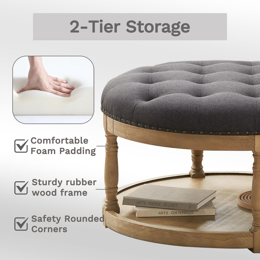 33" Large Round Ottoman Coffee Table with Storage, Upholstered Button Tufted Linen Footrest Ottoman with Wood Storage