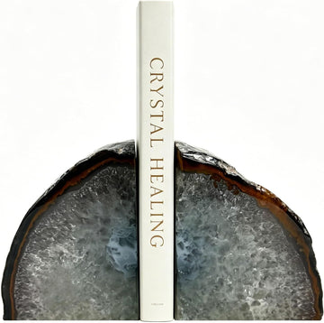 Natural Agate Geode Bookends - 3 to 4 lb Heavy Duty Rock Crystal Stone Book Ends for Shelves, with Rubber Bumpers