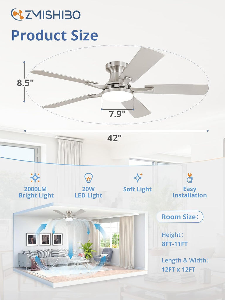 42 Inch Ceiling Fan with Light, App&Remote Control, Flush Mount Low Profile, Dimmable 20W LED Light, Quiet Reversible Motor for Bedroom, Living Room, Apartment, Nickel