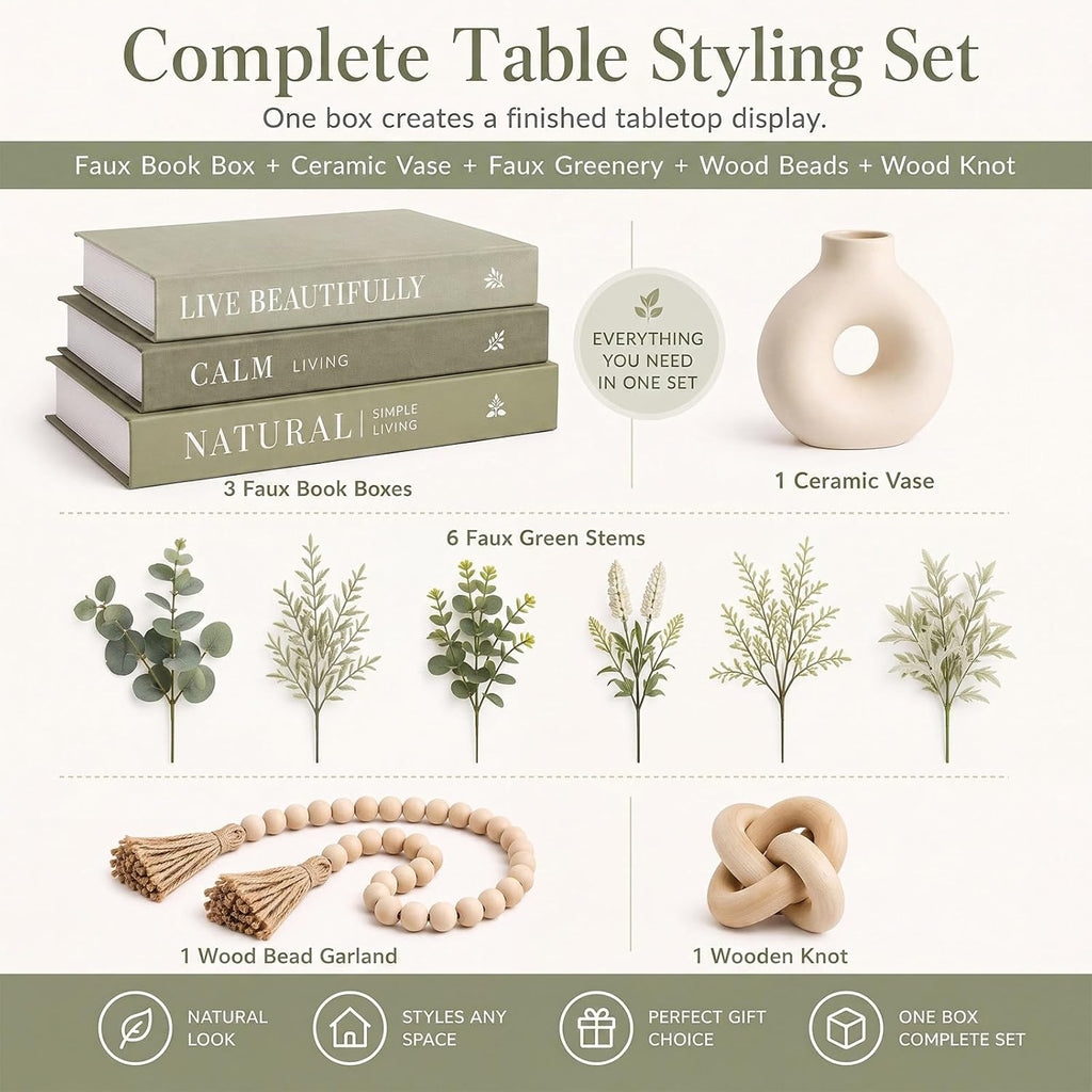 Decorative Books Set , Vase, Beads & Faux Greenery, 7 Pack | Complete Aesthetic Decor Set, Green Organic Modern