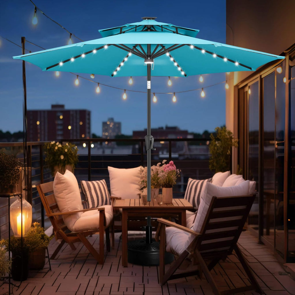 2 Tiers 9ft Solar Light Patio Umbrella, 40 LED lights outdoor umbrella with Centre Surround Light