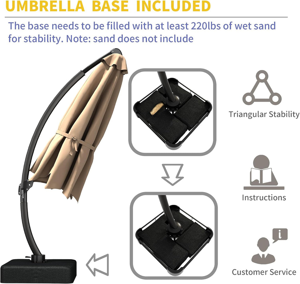 11ft Offset Cantilever Patio Umbrella with Solar Lights, Large Round Outdoor Umbrella with Base Included