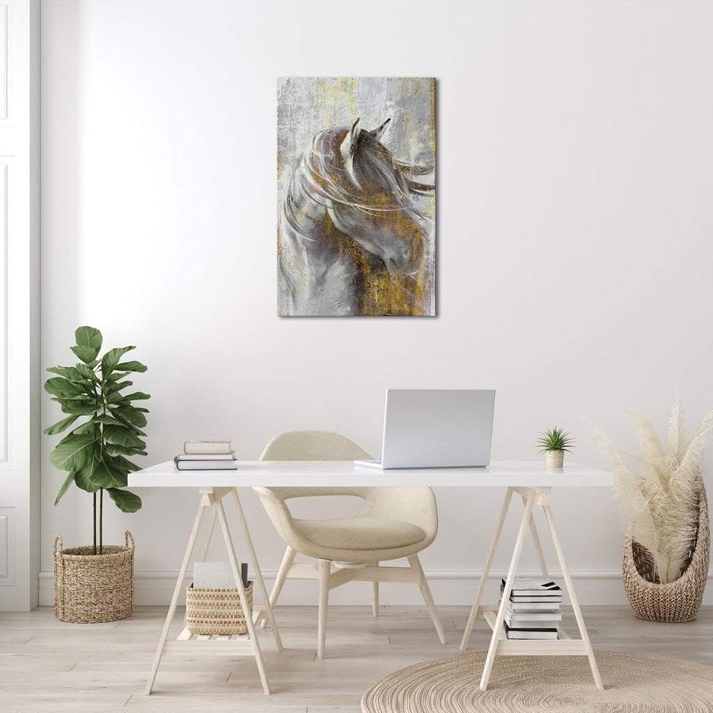 Horse Wall Art Abstract Gold Grey Horse Canvas Paintings Modern Horse Wall Decor Bedroom Office Framed 24"x36"