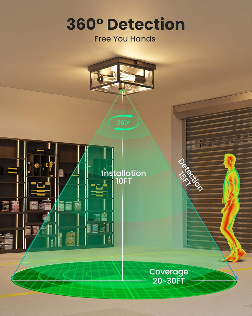 Outdoor Ceiling Light with Motion Sensor 12'', Flush Mount Porch Light, Exterior Light Fixture with Clear Glass