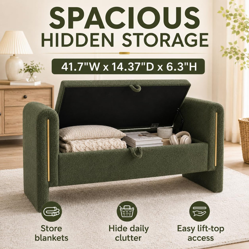Modern 52" Storage Ottoman Bench, Upholstered End of Bed Storage Bench with Armrests, Entryway Bench, Teddy Foot Rest