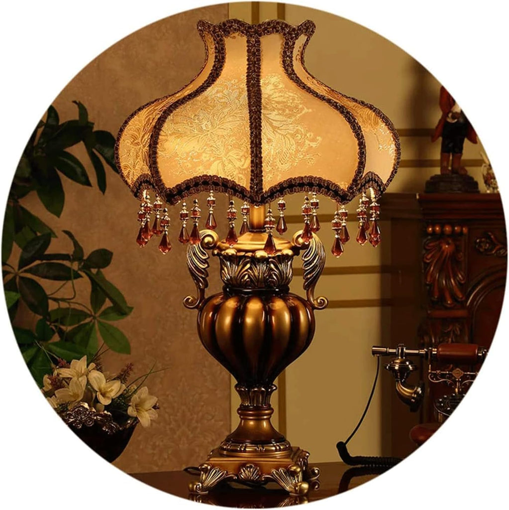 Victorian Crystal Table Lamp, 20.1-inch Resin Base, Gold Antique Design with Crystal Pendants, Silk 