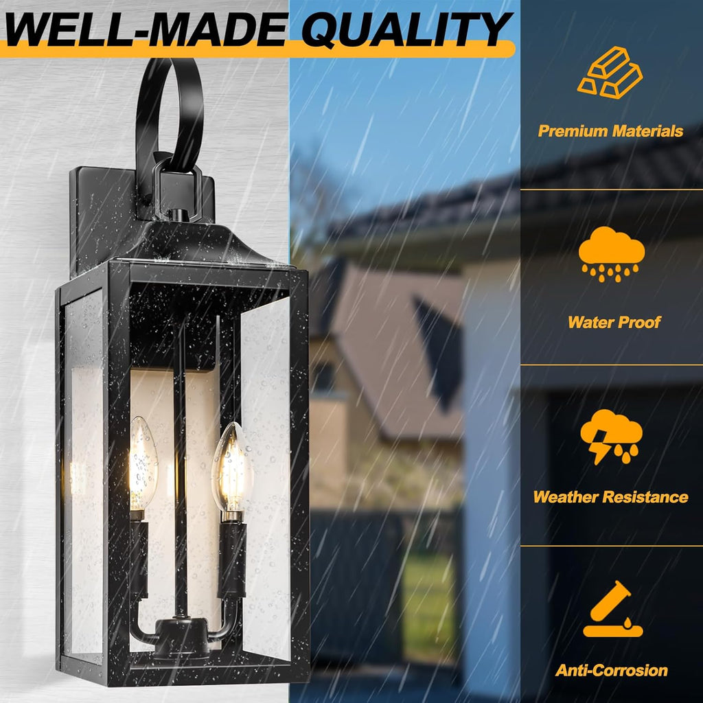 19" Black Outdoor Wall Lantern 2-Light, Large Outside Modern Porch Sconce Light Fixture
