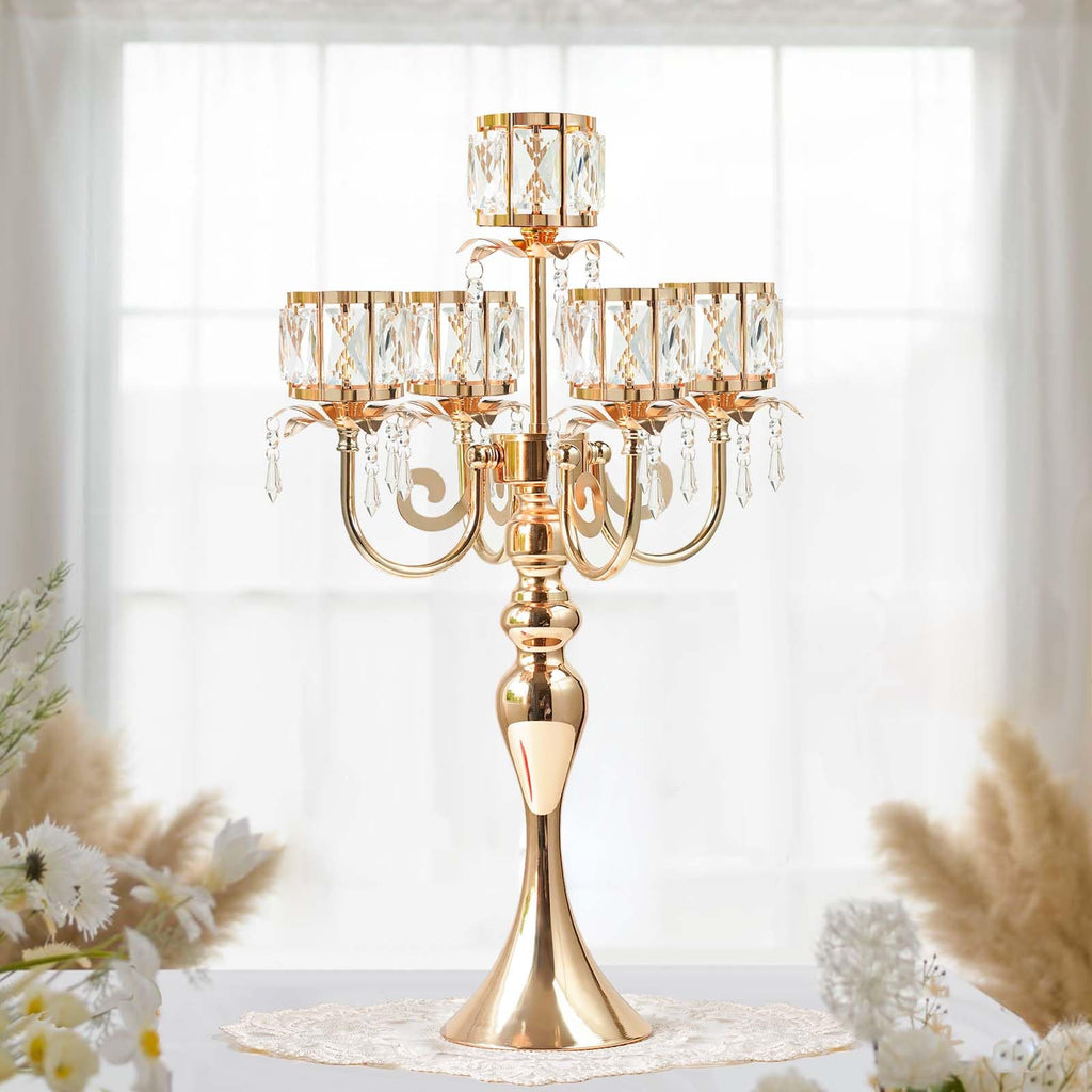 5 Arm Elegant Crystal Candle Holder, Candlestick for Wedding Table Centerpiece, 22 Inch Tall Candle Holder Table