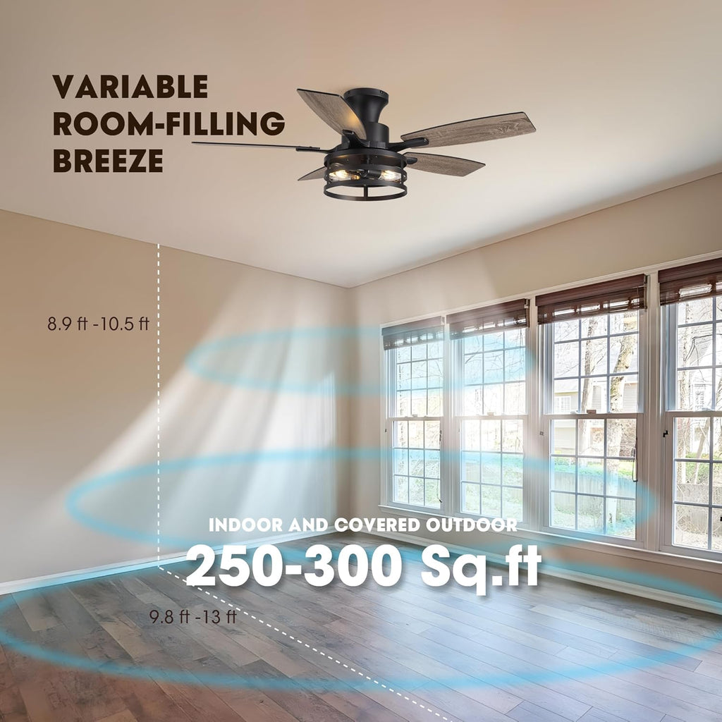 42 Inch Flush Mount Ceiling Fans with Lights and Remote Control, Farmhouse Ceiling Fan with LED Lighting