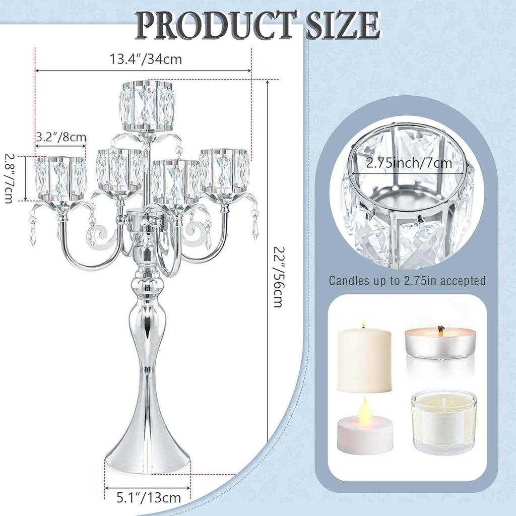 5 Arm Elegant Crystal Candle Holder,Candlestick, 22 Inch Tall Candle Holder Table Candelabra Event Party Table