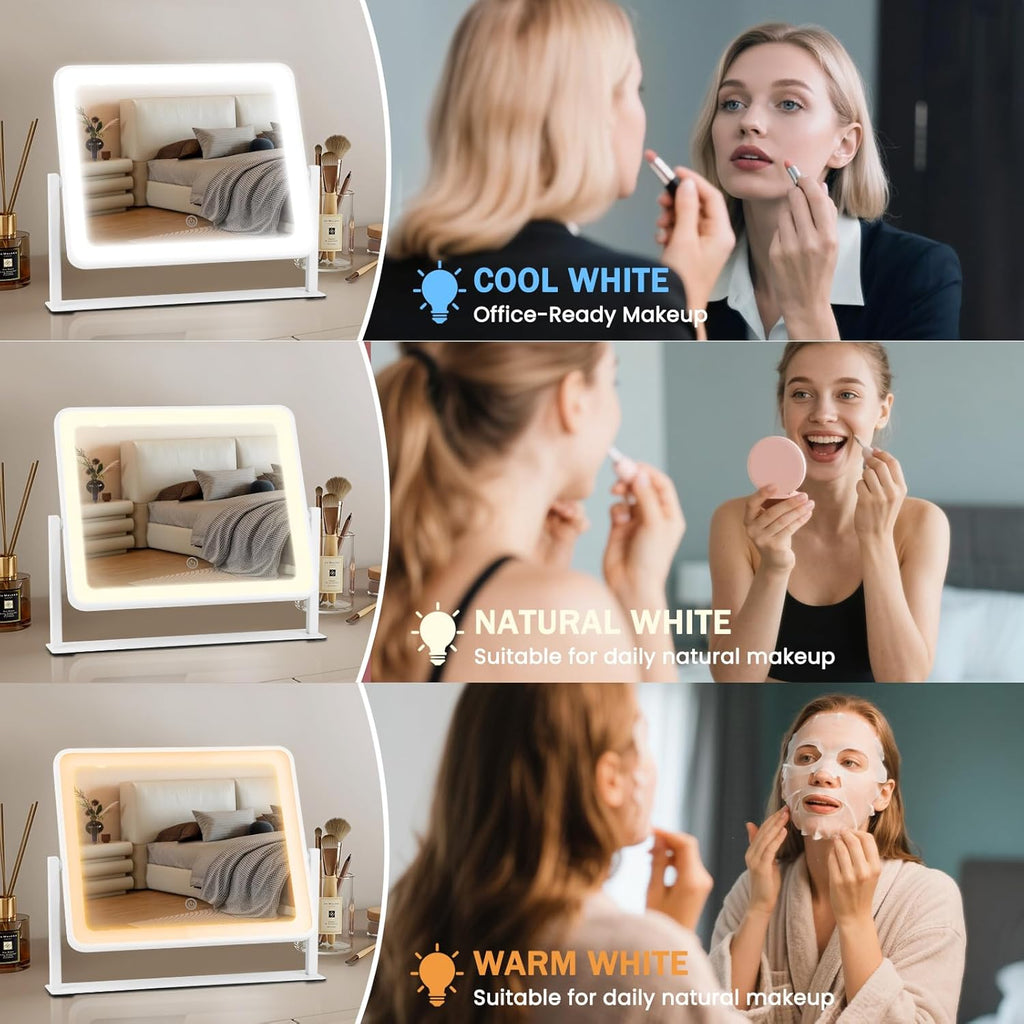 Vanity Mirror with Lights, 14"×12" LED Makeup Mirror, HD Professional Mirror, Smart Touch with 3-Color Lighting