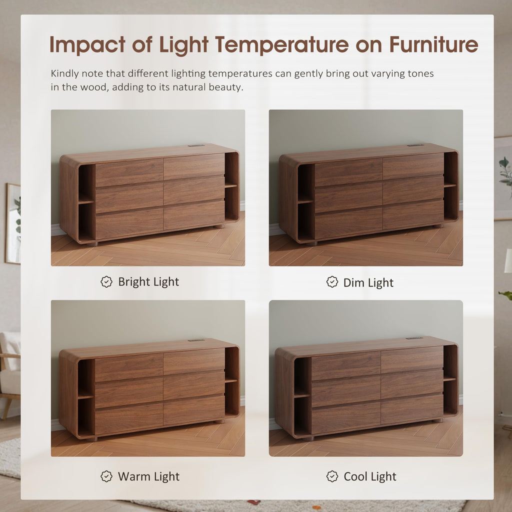63 Inch 6 Drawer Dresser with Shelves, Rounded Corner, Walnut