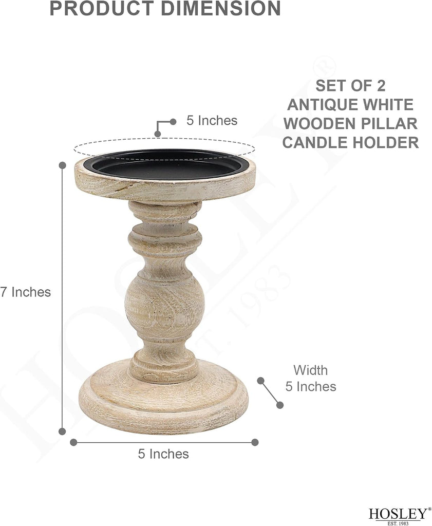 Set of 2 Antique White Wooden Pillar Candle Holders - 7 Inch Rustic Farmhouse Candlestick Stand, Distressed Candle