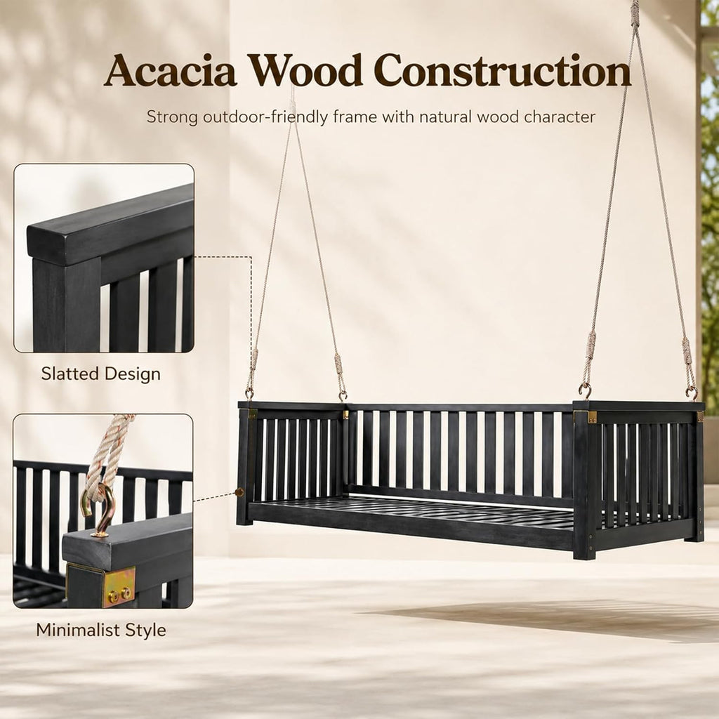 Outdoor Porch Swing Bed, Twin Size Acacia Wood Hanging Daybed with Hemp Ropes, Minimalist Patio Swing Bed for Garden