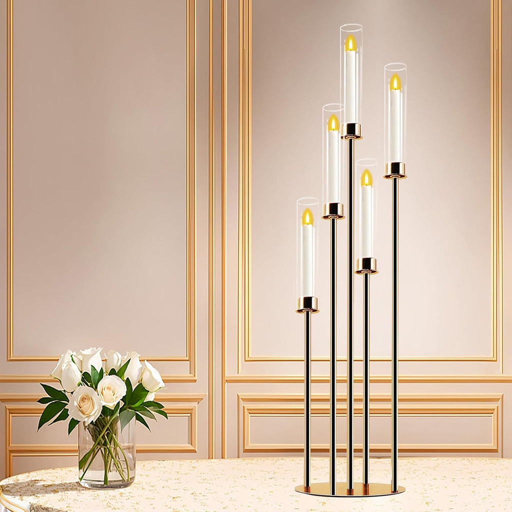 Gold 5-Arm Metal Cluster Taper Candelabra Candle Holders Includes Led Candles & Remote Control, Votive Pillar Candle