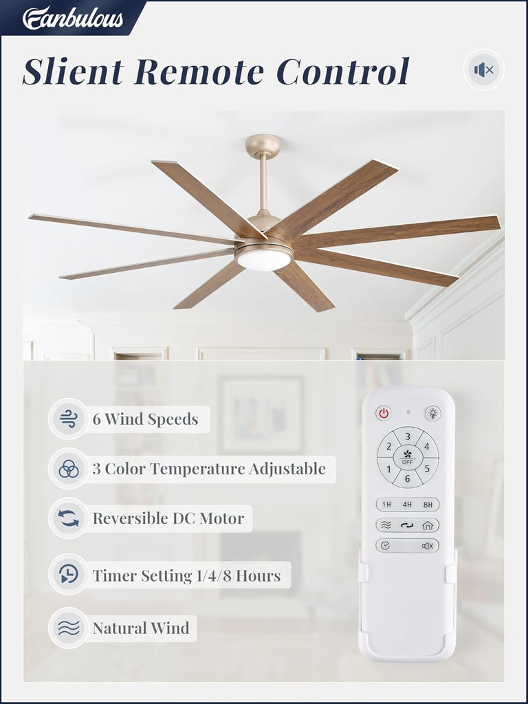 72" Ceiling Fan with LED Light and Remote - Champagne Gold