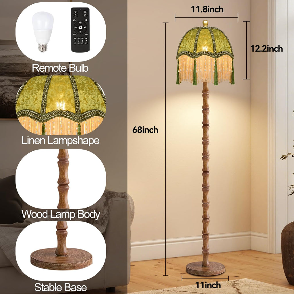 Wood Floor Lamps Boho Rustic Floor Lamp with Remote Control,Dimmable Vintage Floor Lamp Green Mid Century Modern
